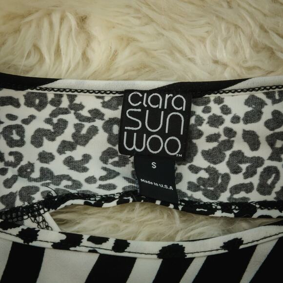 Clara Sun Woo Size Small S Black White Zebra Leopard Print Short Sleeve Art Top - Picture 4 of 6